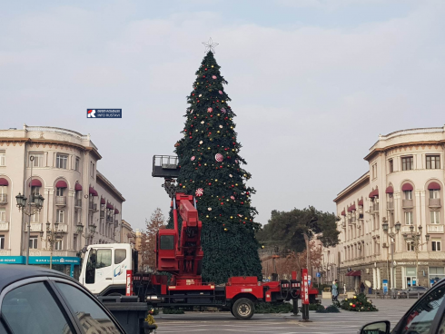 რუსთავში მთავარი ნაძვის ხის დემონტაჟი მიმდინარეობს