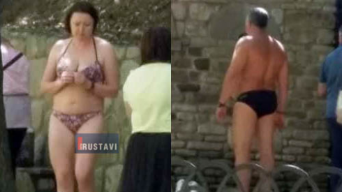 "გამოვარდნენ ქალი და კაცი საცურაო კოსტუმებით"